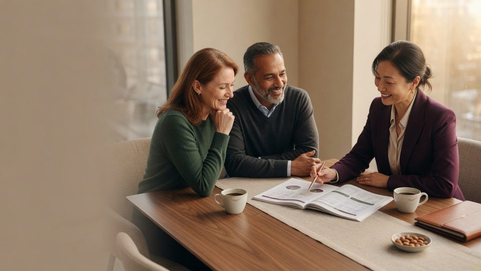 An Acclivus advisor reviewing a plan with a couple