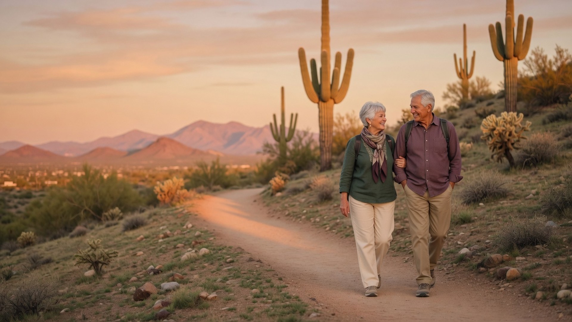 A retired couple walking a desert trail near Fountain Hills, Arizona at golden hour